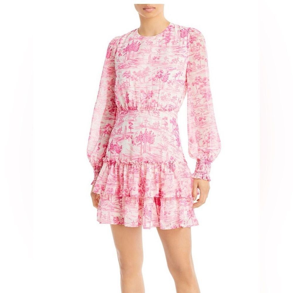 Aqua Pink Toile Printed long sleeve fit and flare dress